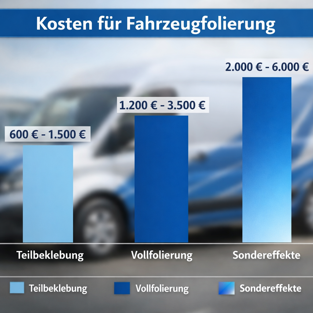 () showing a detailed cost breakdown infographic overlaid on a blurred background of a wrapped commercial van, German text