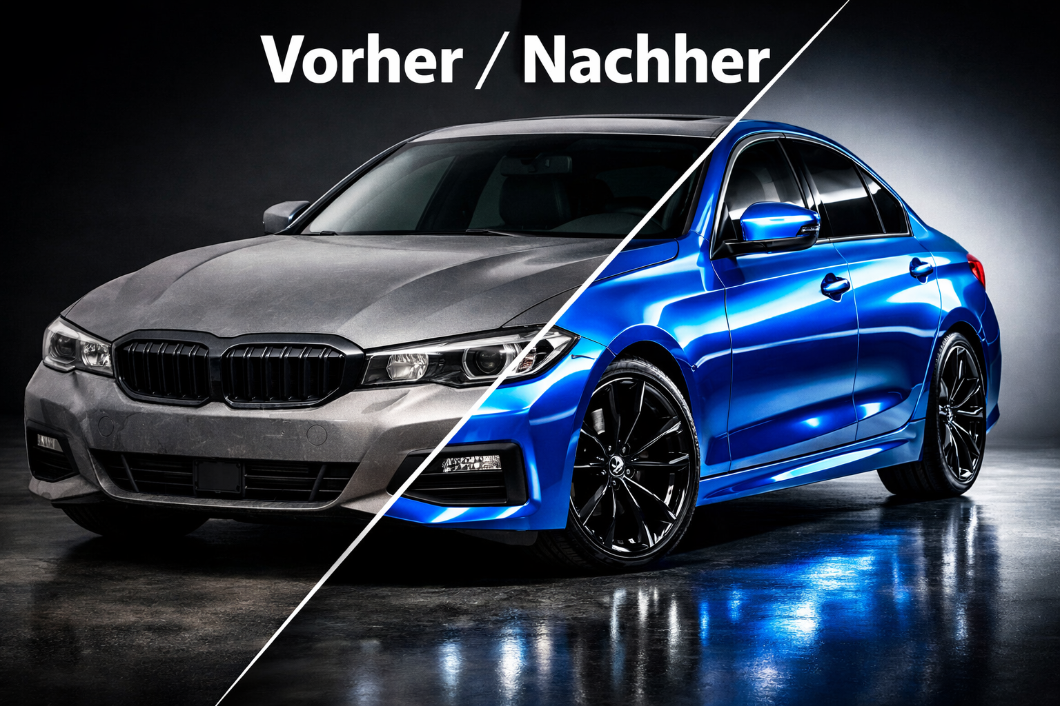 () showing a dramatic before-and-after split composition of the same sedan, left half showing faded original paint, right