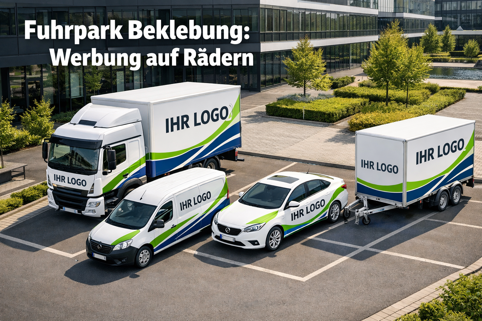 () showing a row of four commercial vehicles (van, truck, car, trailer) all wrapped in matching corporate design with logo