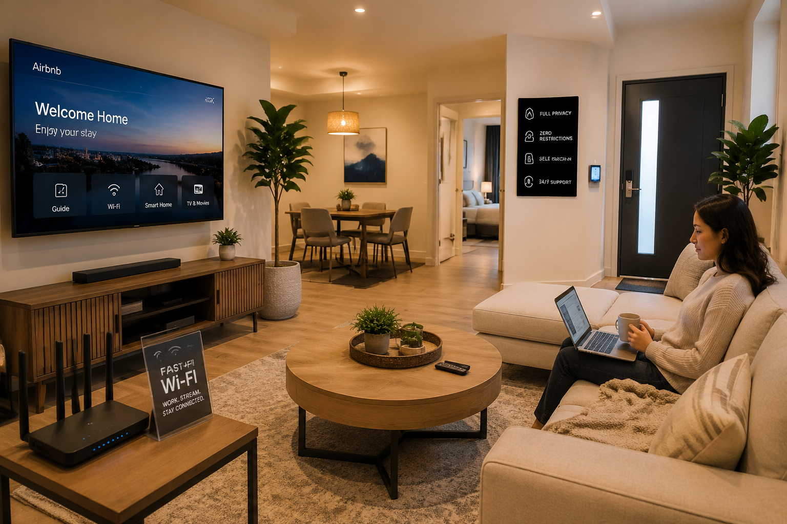 () editorial image depicting a modern, fully automated Airbnb living space designed for comfort and extended stays. The