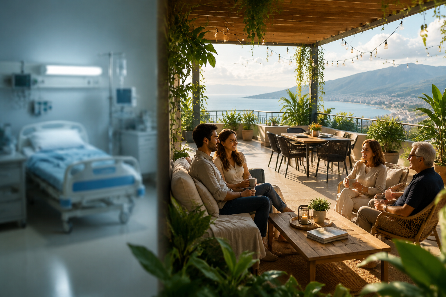 () conceptual image illustrating the distinction between a traditional hospital stay and the comfort of a long-term Airbnb.
