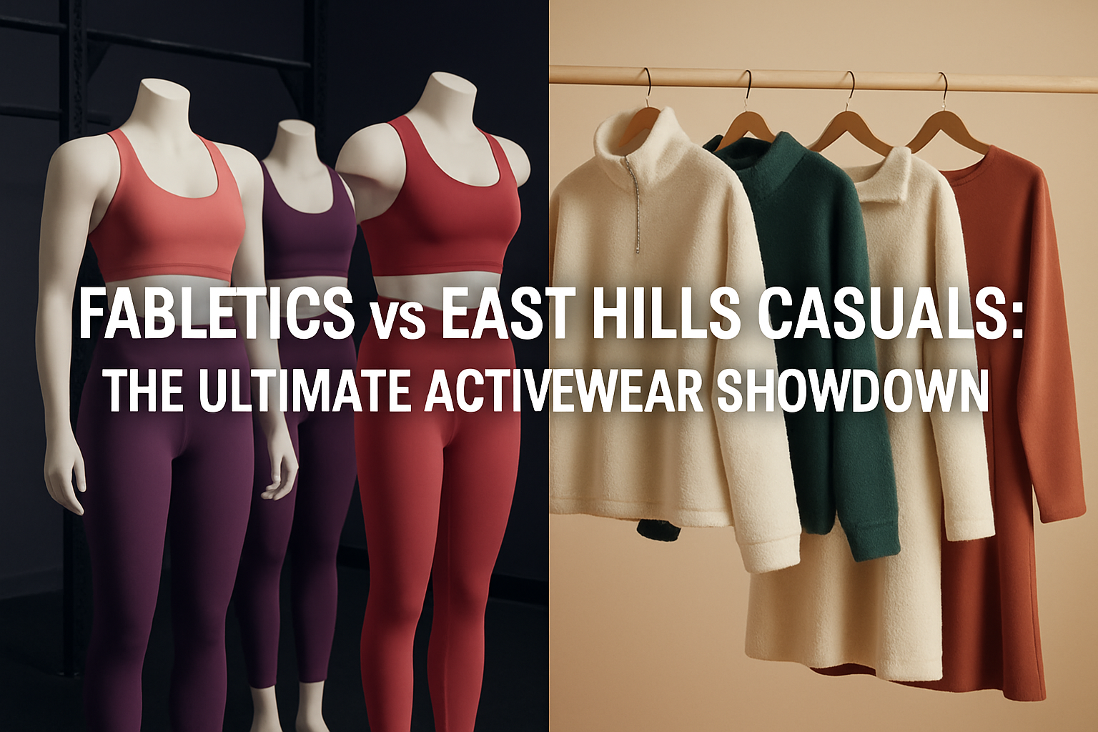 Professional landscape hero image (1536x1024) featuring bold text overlay 'Fabletics vs East Hills Casuals: The Ultimate Activewear Showdown