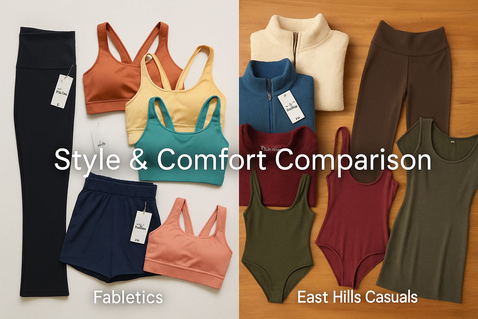 Detailed lifestyle comparison image (1536x1024) showing side-by-side product displays: left panel features Fabletics branded activewear incl