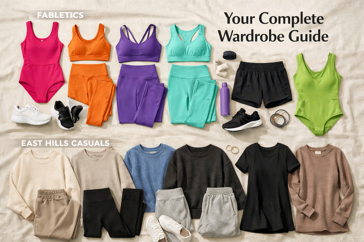Comprehensive wardrobe flatlay image (1536x1024) displaying complete outfit options from both brands: top half shows Fabletics workout sets