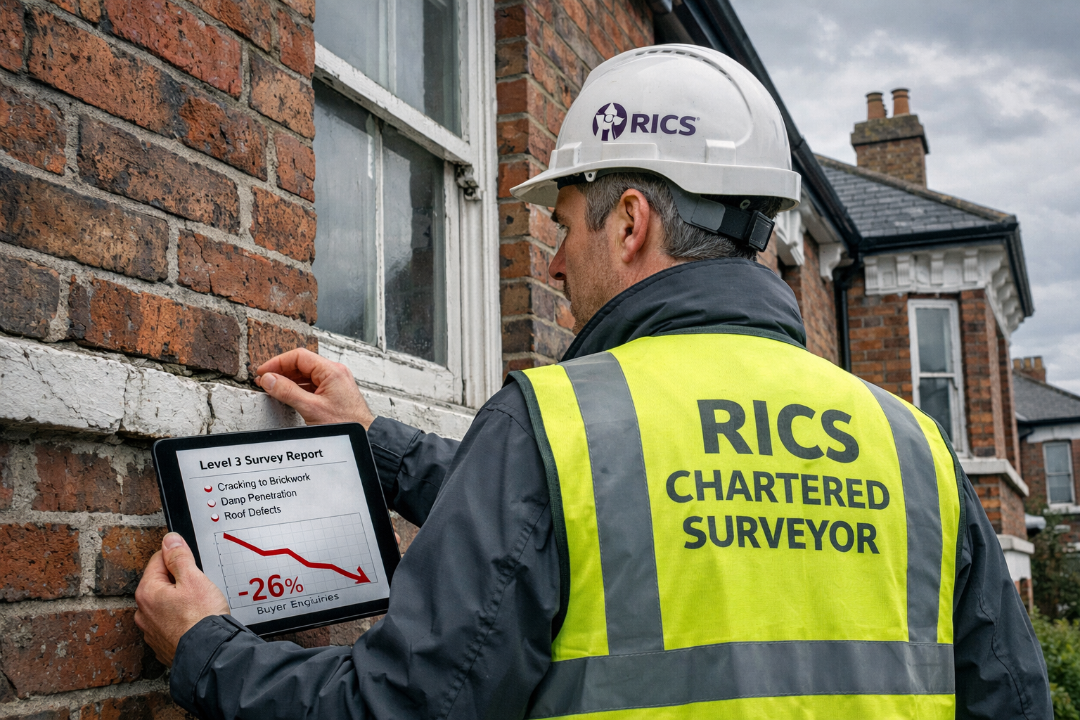 Wide-angle editorial photograph of a RICS chartered surveyor in hard hat and hi-vis vest conducting a detailed Level 3