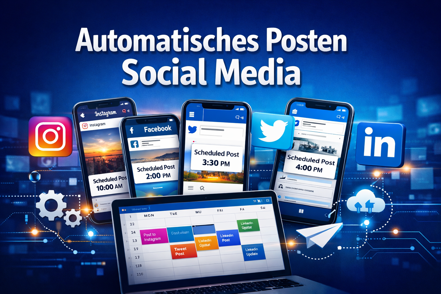 Professional landscape format (1536x1024) hero image featuring bold text overlay 'Automatisches Posten Social Media' in extra large 72pt whi