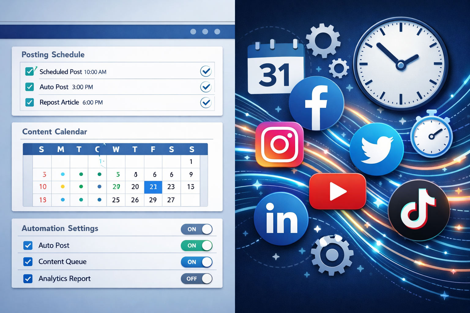 Detailed landscape format (1536x1024) image showing the fundamentals of social media automation with split-screen composition. Left side dis
