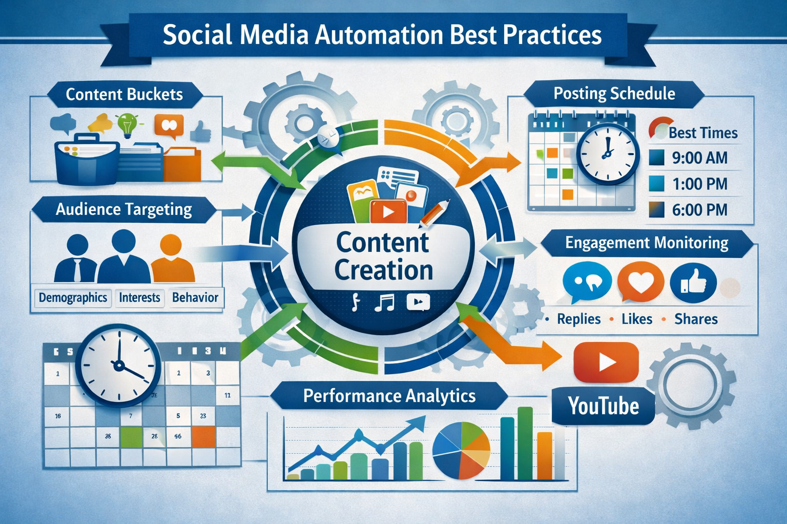 Strategic landscape format (1536x1024) visualization of social media automation best practices with flowchart design. Central hub showing co