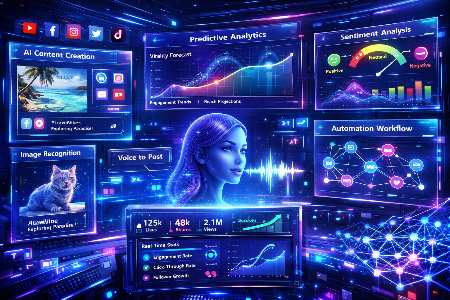 Futuristic landscape format (1536x1024) concept image depicting the future of automated social media posting. Showcase AI-powered content cr