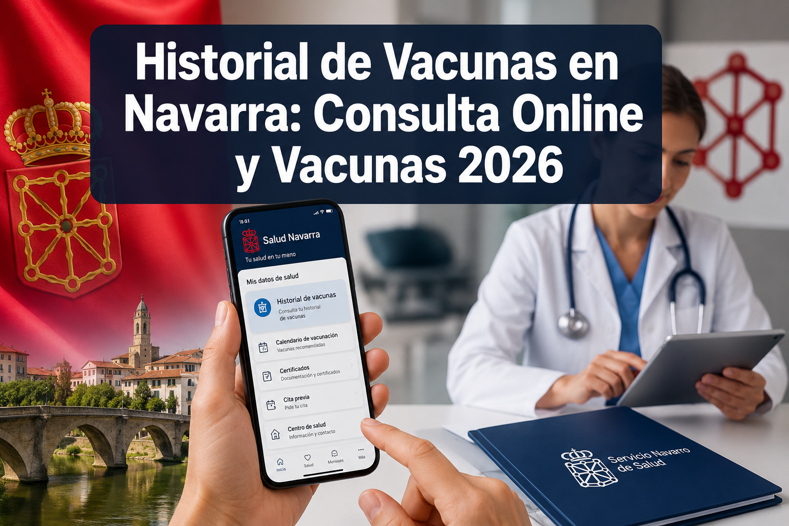 Professional () hero image with 'Historial de Vacunas en Navarra: Consulta Online y Vacunas 2026' in extra large white with