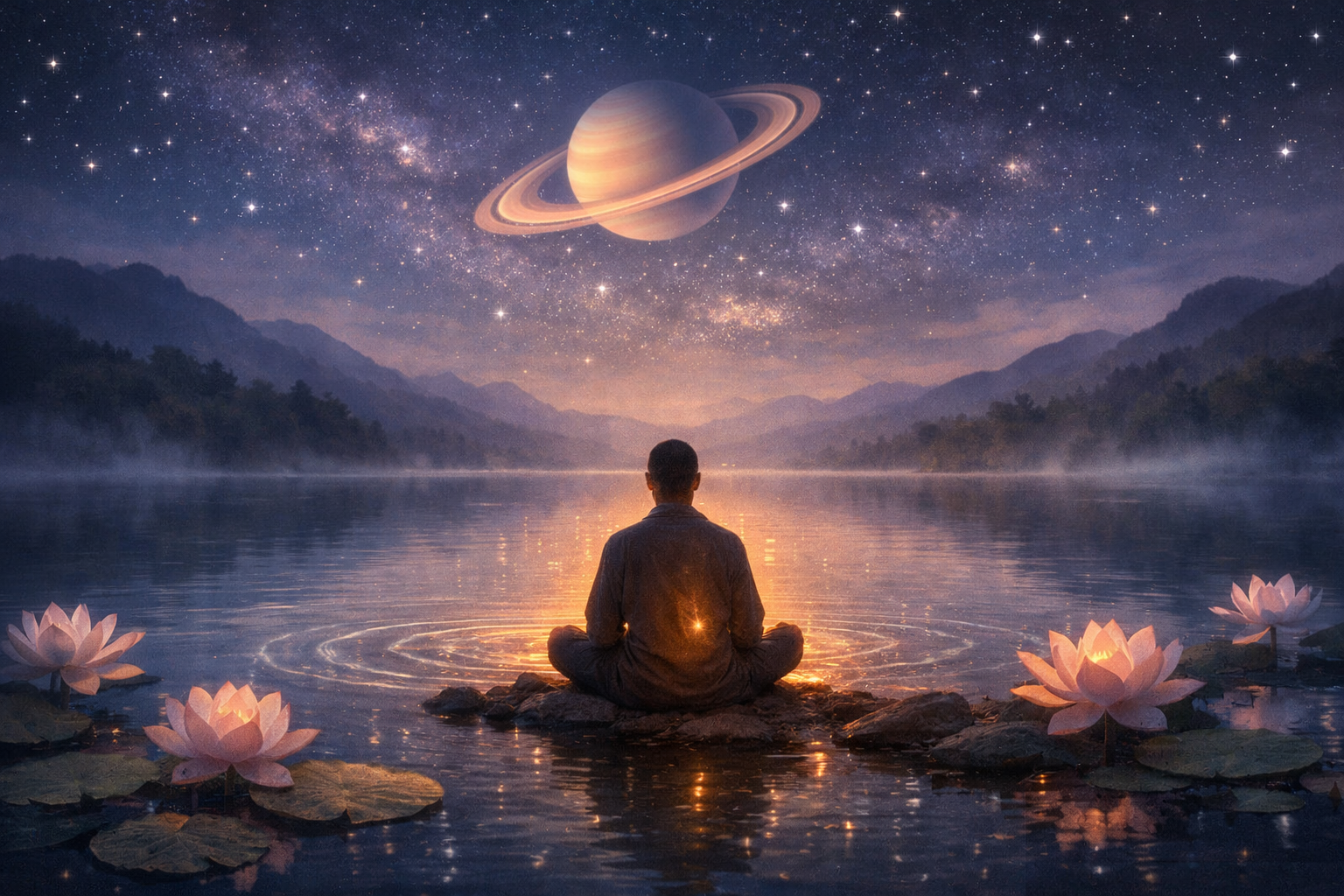 A serene and reflective landscape image (1536x1024) illustrating the journey of inner strength and spiritual growth during 'Saturn in Pisces