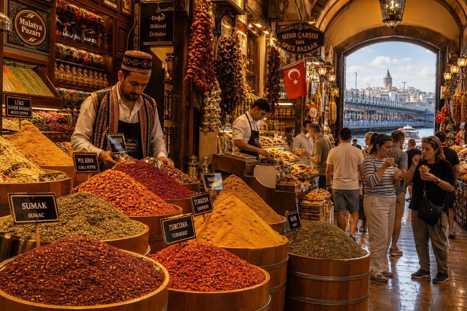 Wide-angle editorial photograph of a bustling Turkish spice bazaar (Mısır &Ccedil;arşısı) in Istanbul, colorful mounds of red