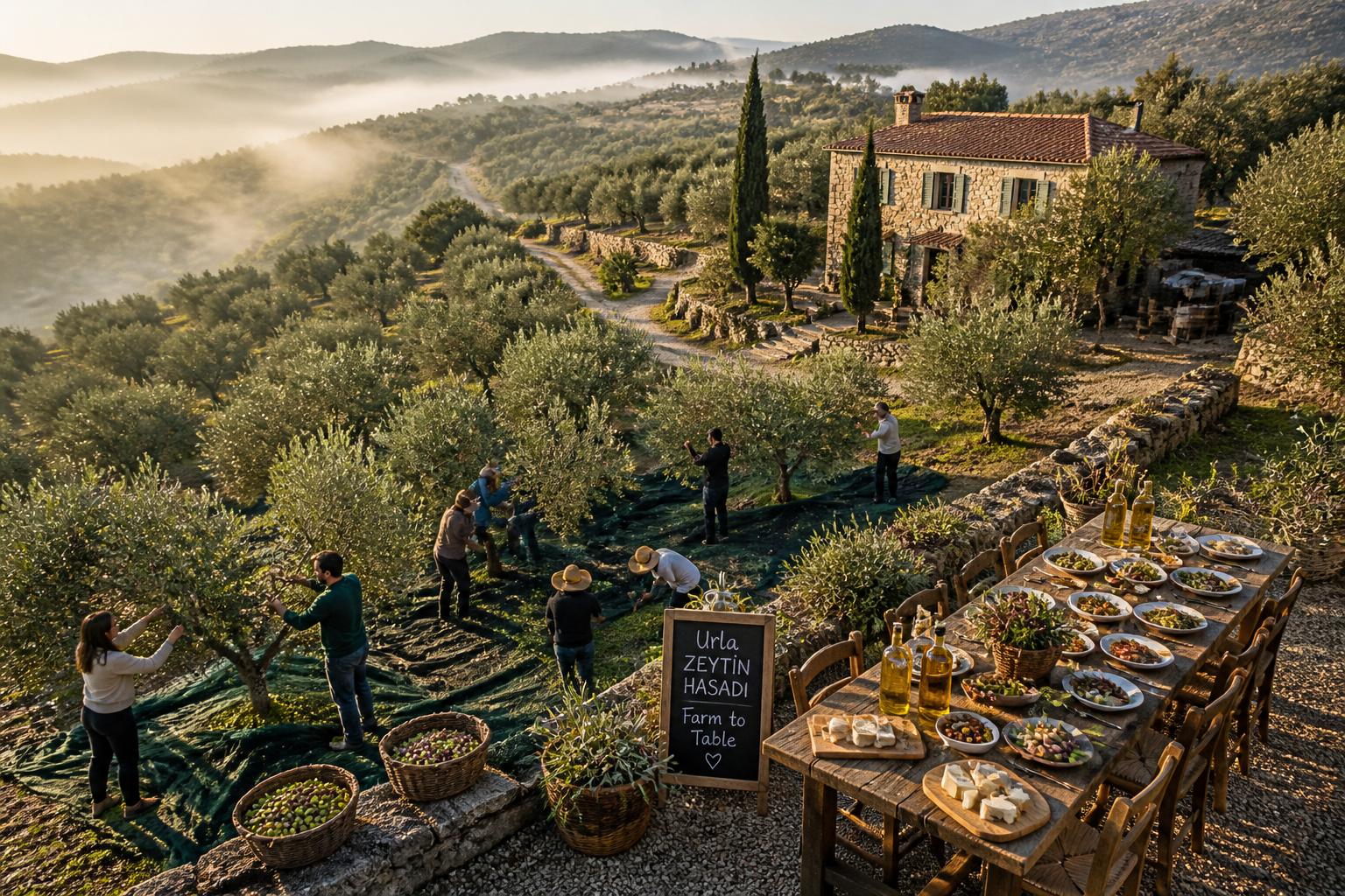 Overhead drone-style editorial photograph of a terraced olive grove and farm in the Aegean region near Urla, Turkey, with a