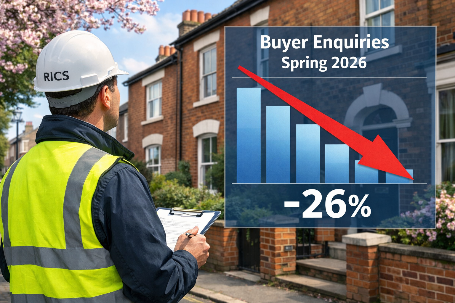 () editorial infographic-style image showing a RICS building surveyor in a hard hat and hi-vis vest inspecting a traditional