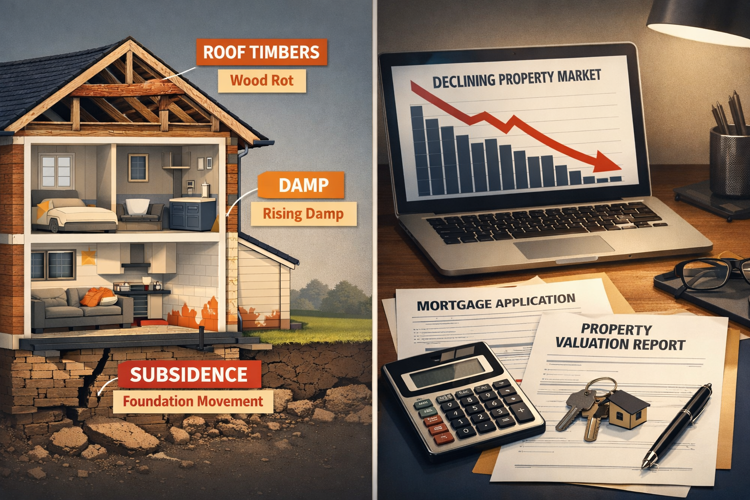() split-composition image: left side shows a detailed cross-section architectural diagram of a house with structural defect