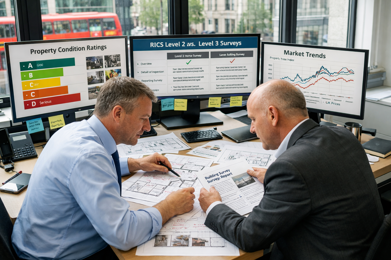 () wide-angle shot of a modern property surveying office in London, showing two chartered surveyors reviewing detailed