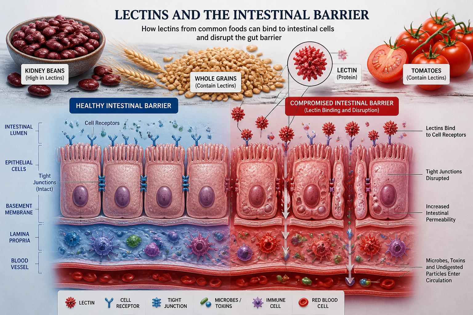 Detailed () scientific illustration showing cross-section of human intestinal wall with lectin protein molecules (shown as