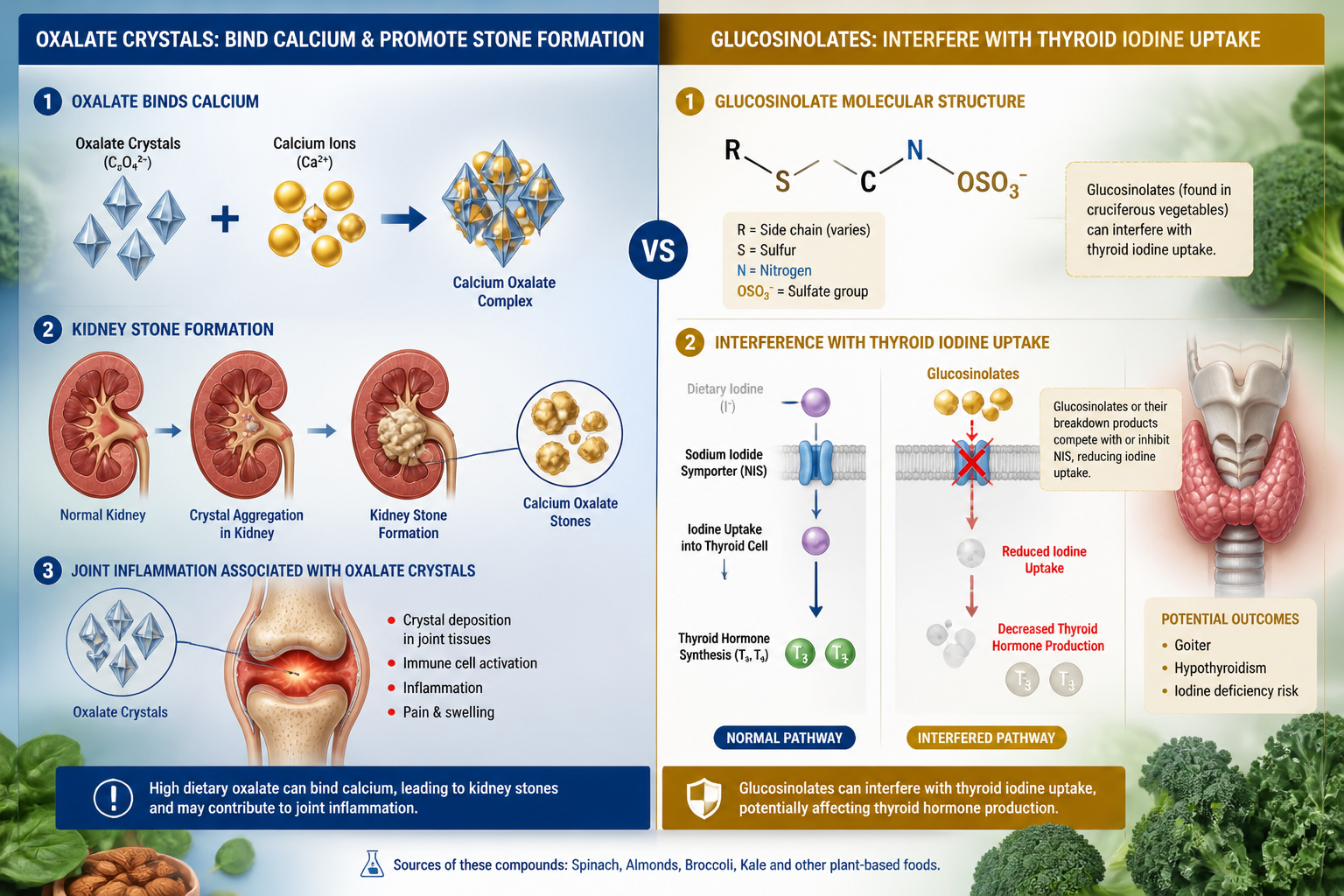 Detailed () split-panel infographic showing two contrasting processes: left panel depicts oxalate crystals (shown as sharp