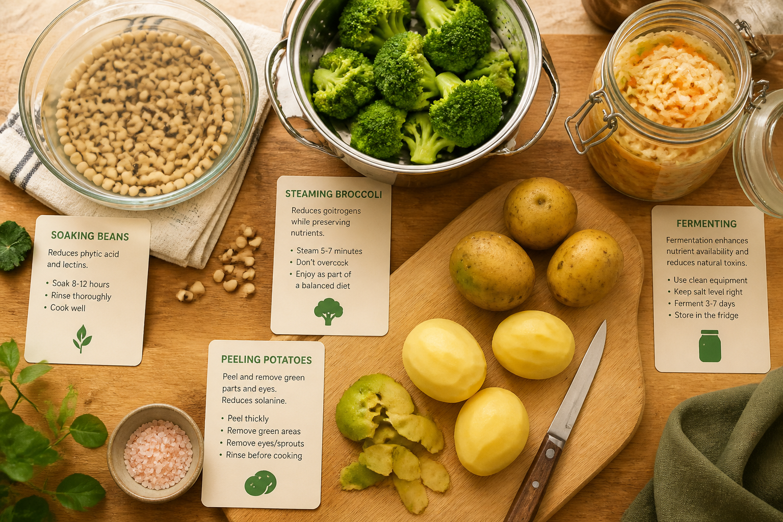 Detailed () overhead flat-lay photograph of a practical kitchen preparation scene showing whole vegetables being prepared