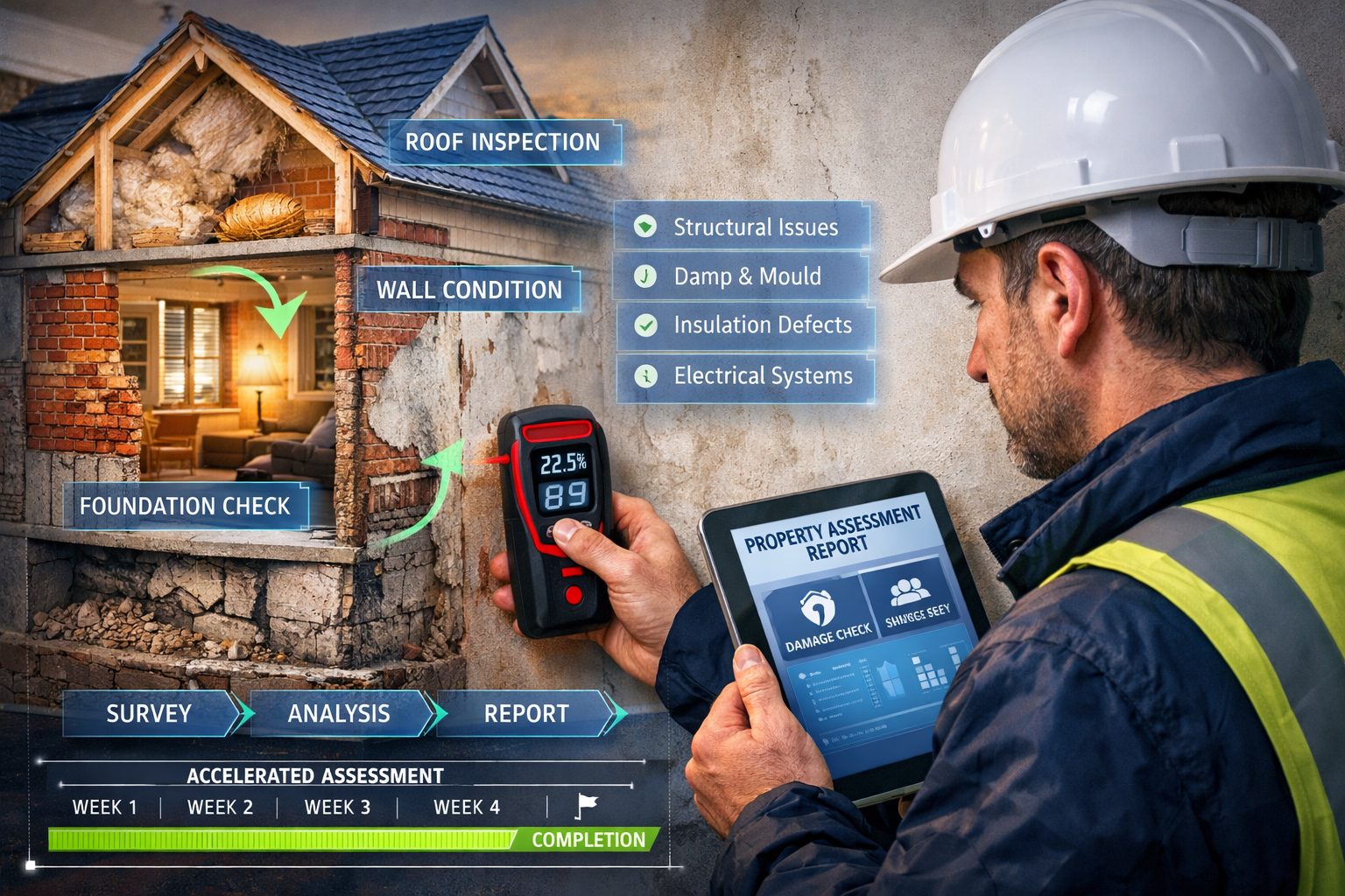 Detailed () editorial image showing close-up view of professional surveyor conducting pre-listing property condition