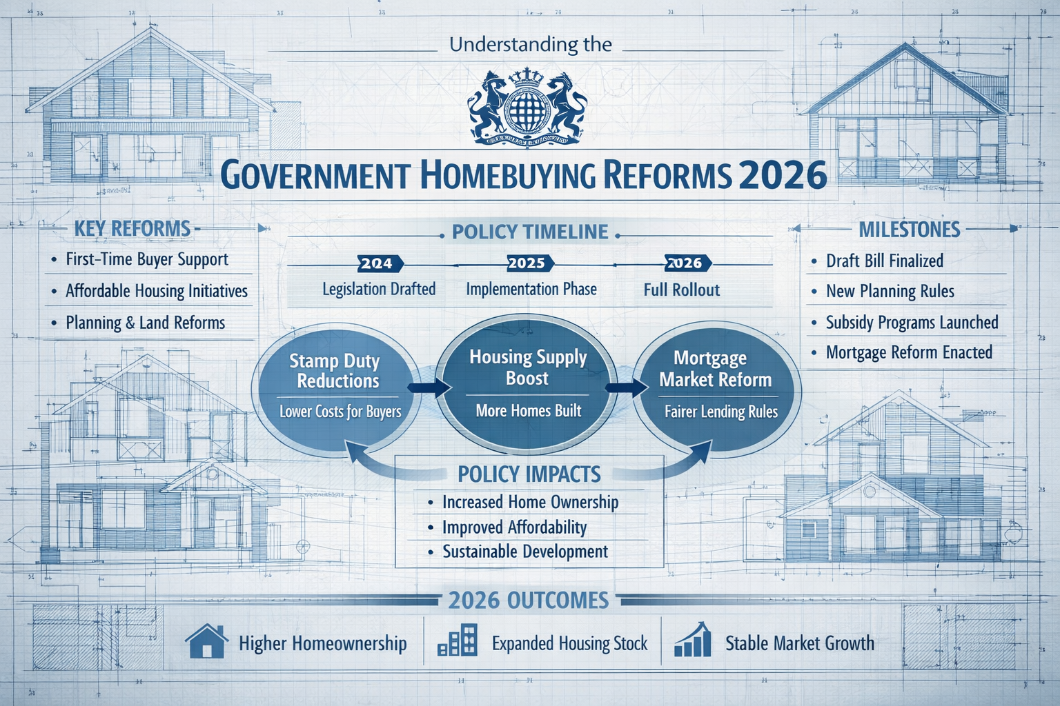 Detailed architectural blueprint overlaid with translucent government policy document, showcasing intricate reform details