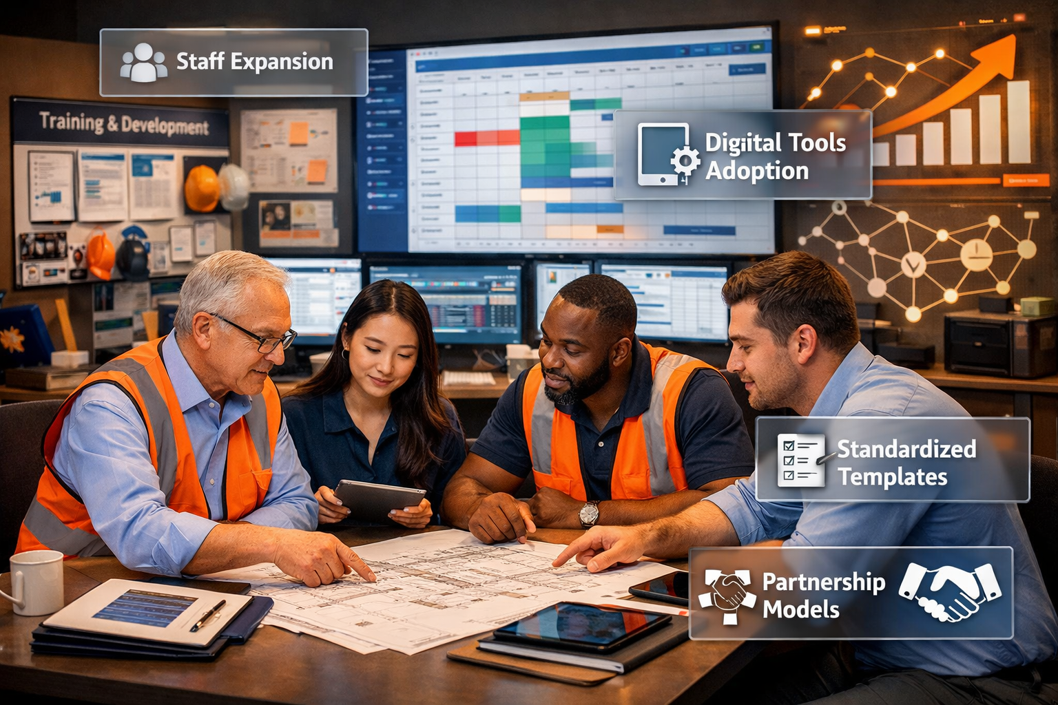 Dynamic () conceptual business image showing surveying firm operations center adapting to increased demand. Scene depicts