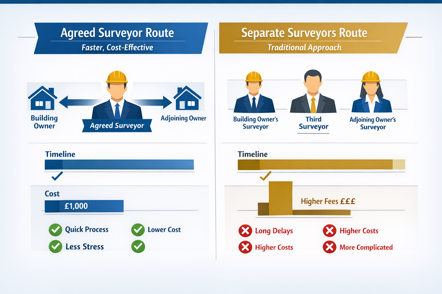 Detailed landscape format (1536x1024) infographic comparing agreed surveyor versus separate surveyors appointment process. Split-screen comp