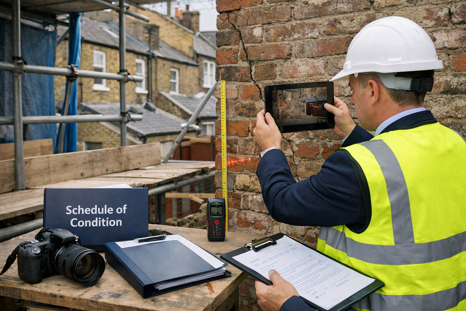 Detailed landscape format (1536x1024) photograph of professional RICS-qualified party wall surveyor conducting site inspection at London con