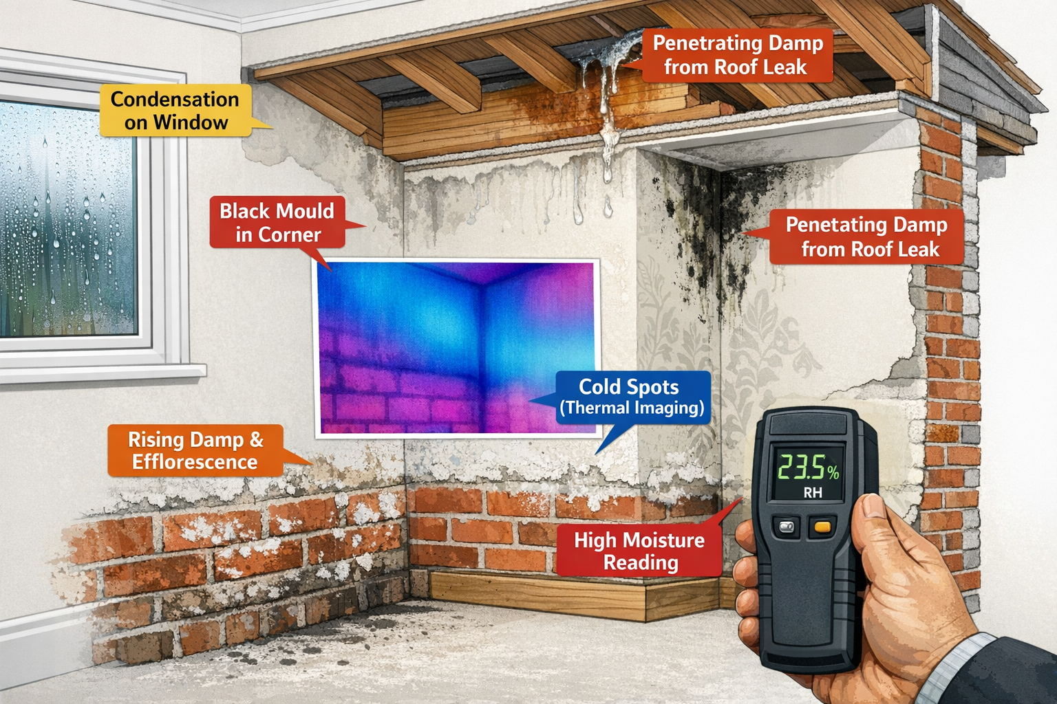 () detailed cutaway illustration of rental property wall cross-section showing multiple damp and mould hazard indicators: