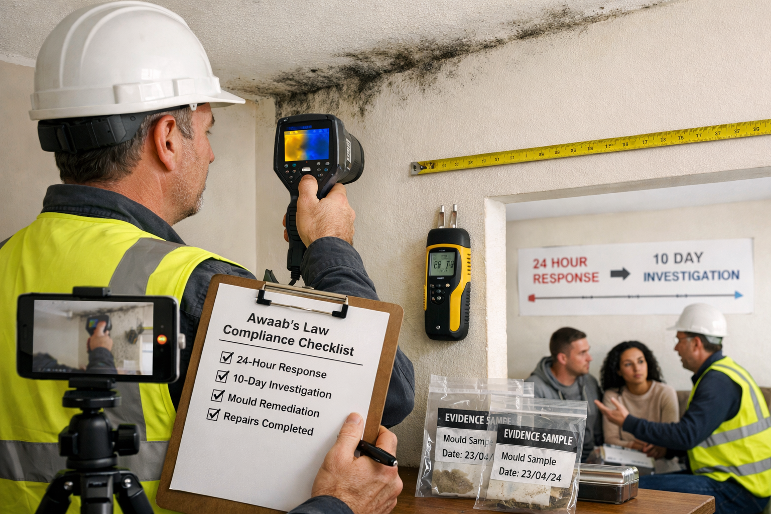 () professional building surveyor in high-visibility vest conducting detailed property inspection in rental unit, using