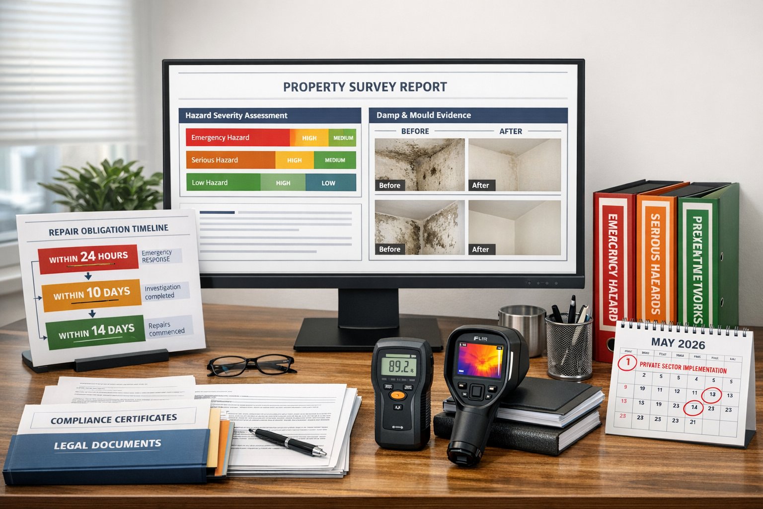 () organized desk workspace showing comprehensive building survey documentation and reporting system for Awaab's Law