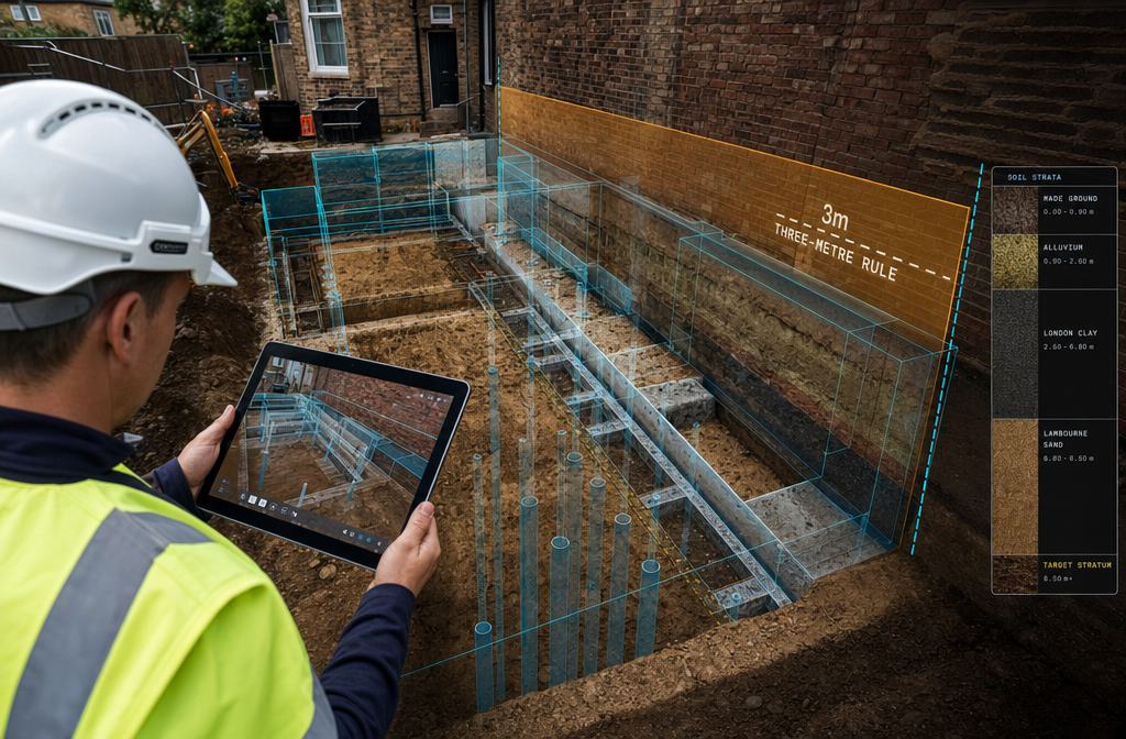 () close-up aerial perspective of a UK residential excavation site showing foundation trenches adjacent to a party wall