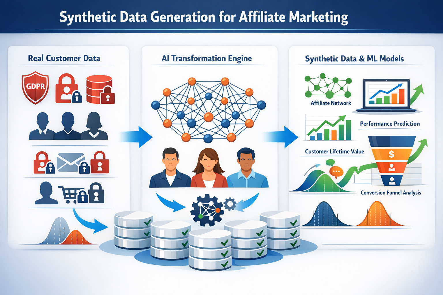 Landscape format (1536x1024) detailed infographic showing the synthetic data generation pipeline for affiliate marketing. Left side displays
