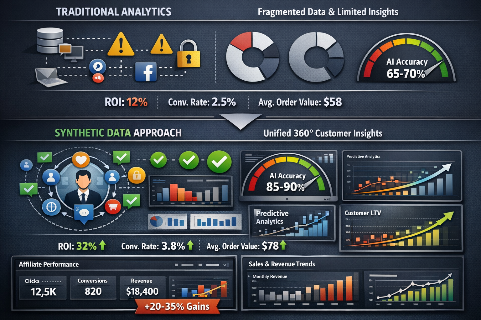 Landscape format (1536x1024) split-screen comparison visualization for affiliate analytics implementation. Top half shows traditional analyt
