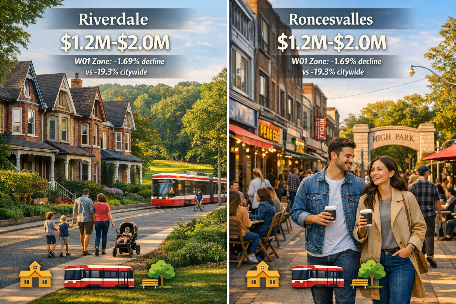 Detailed landscape format (1536x1024) image showing split-screen comparison of Riverdale and Roncesvalles neighborhoods. Left side: charming