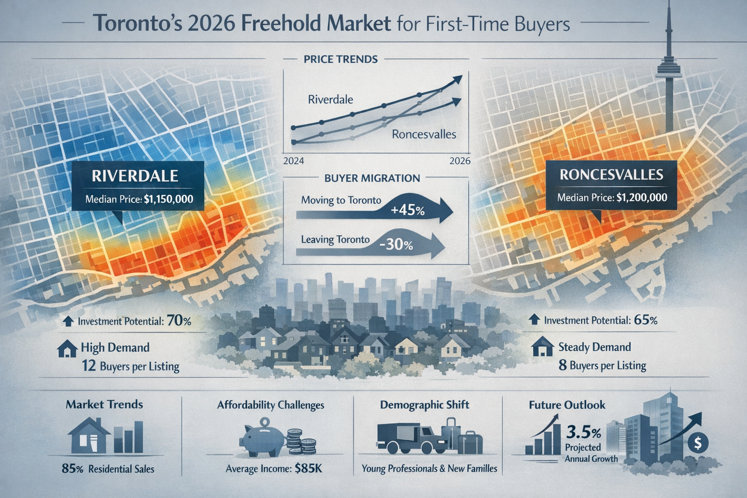 Editorial-style data visualization landscape infographic (1536x1024) depicting Toronto's 2026 freehold real estate market dynamics for first