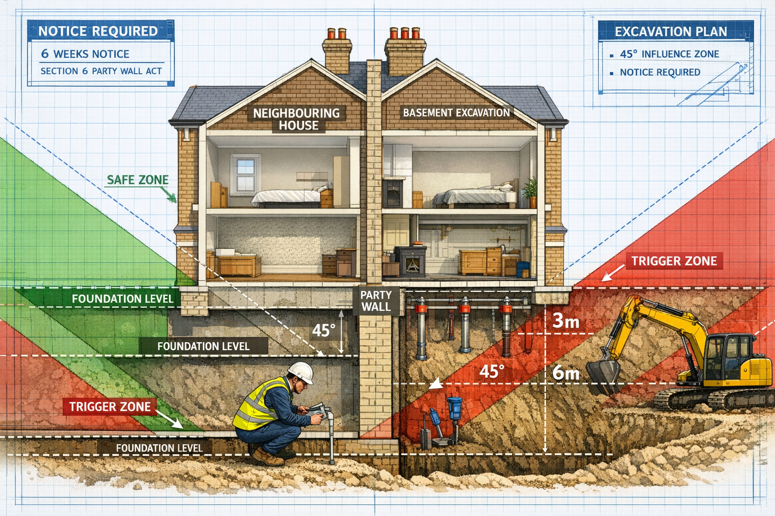 Detailed () image showing cutaway technical illustration of two adjoining Victorian terraced houses with shared party wall,