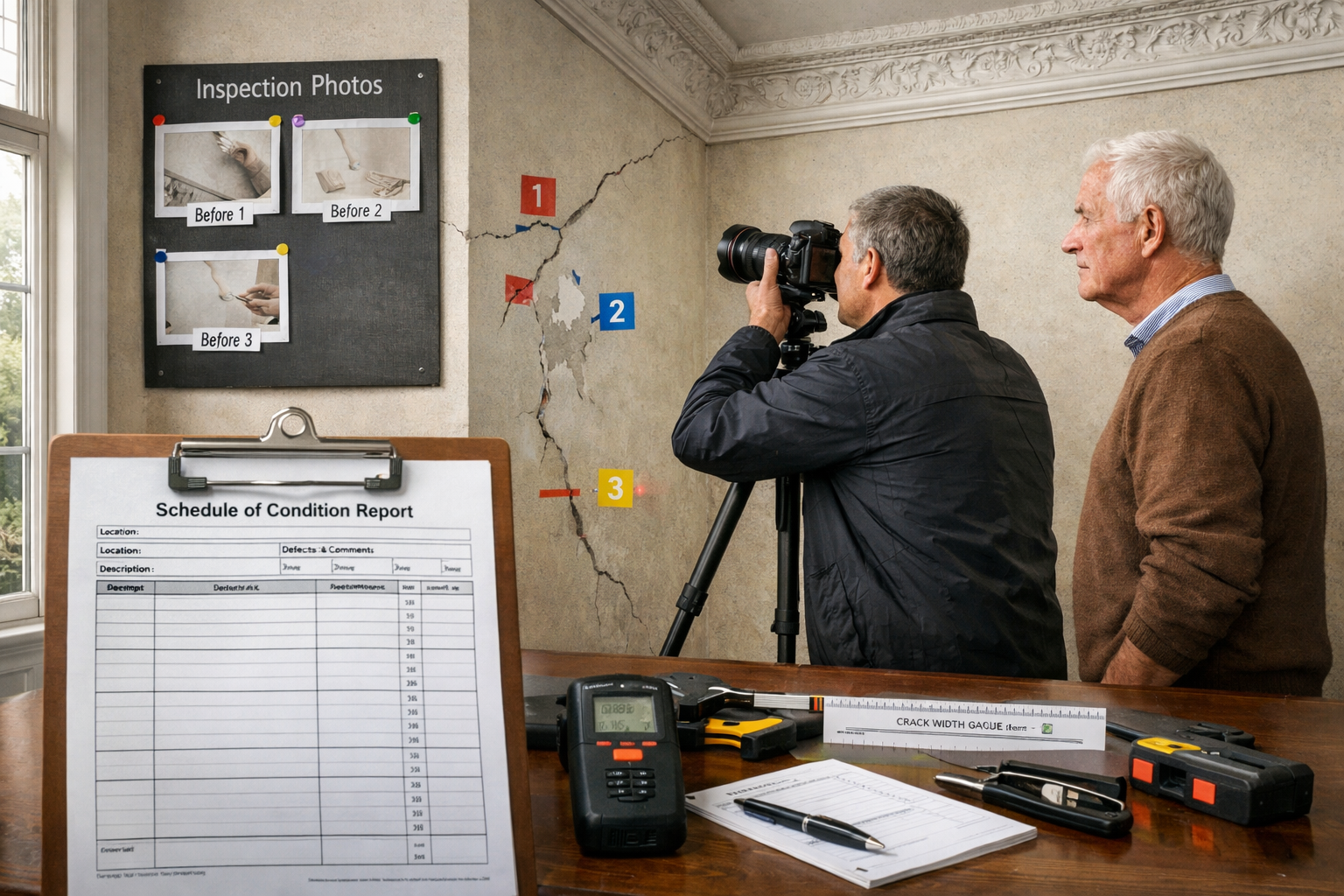 Detailed () image depicting professional party wall surveyor conducting schedule of condition inspection inside elegant