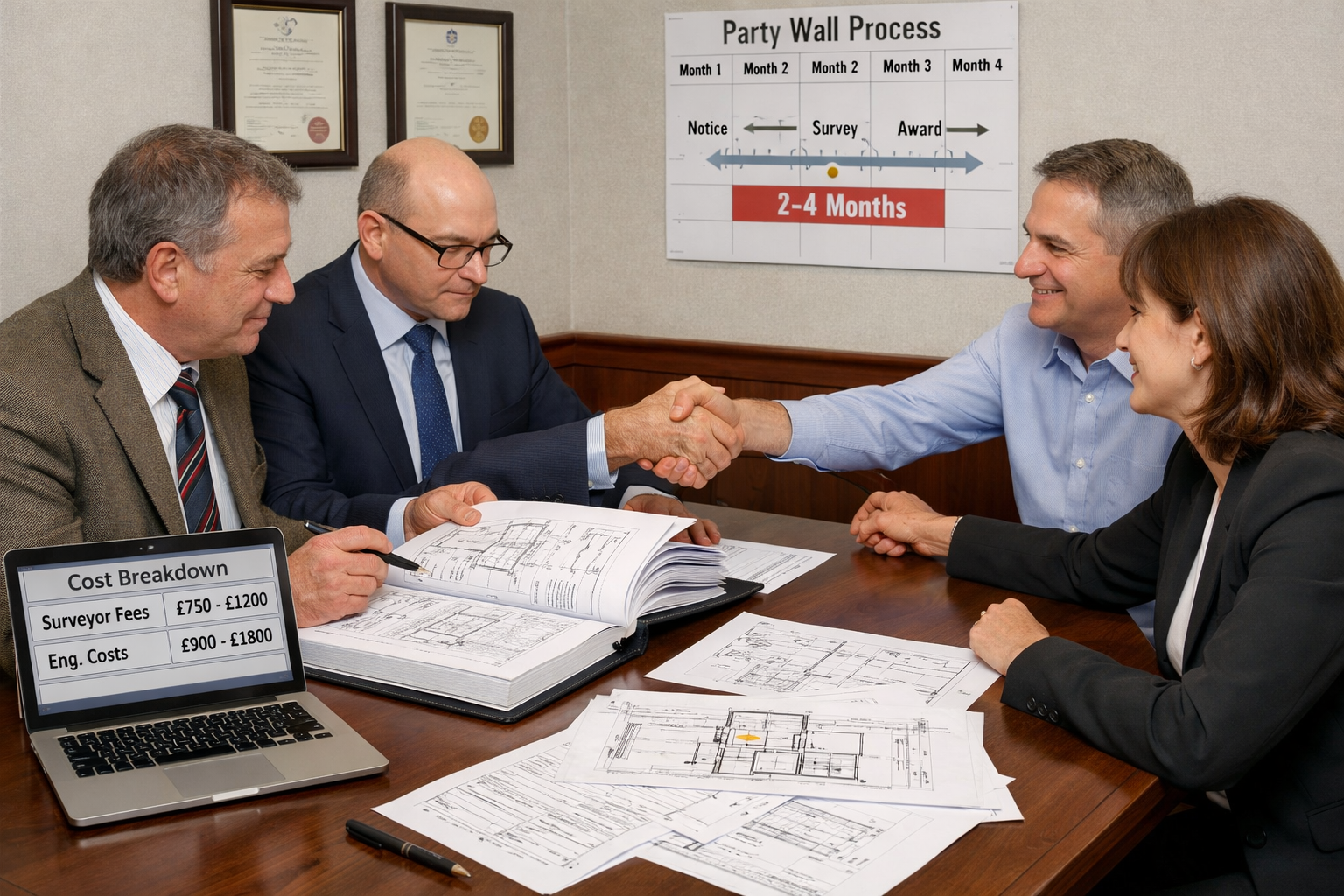 Detailed () image showing formal party wall award document signing scene at polished wooden table, two party wall surveyors