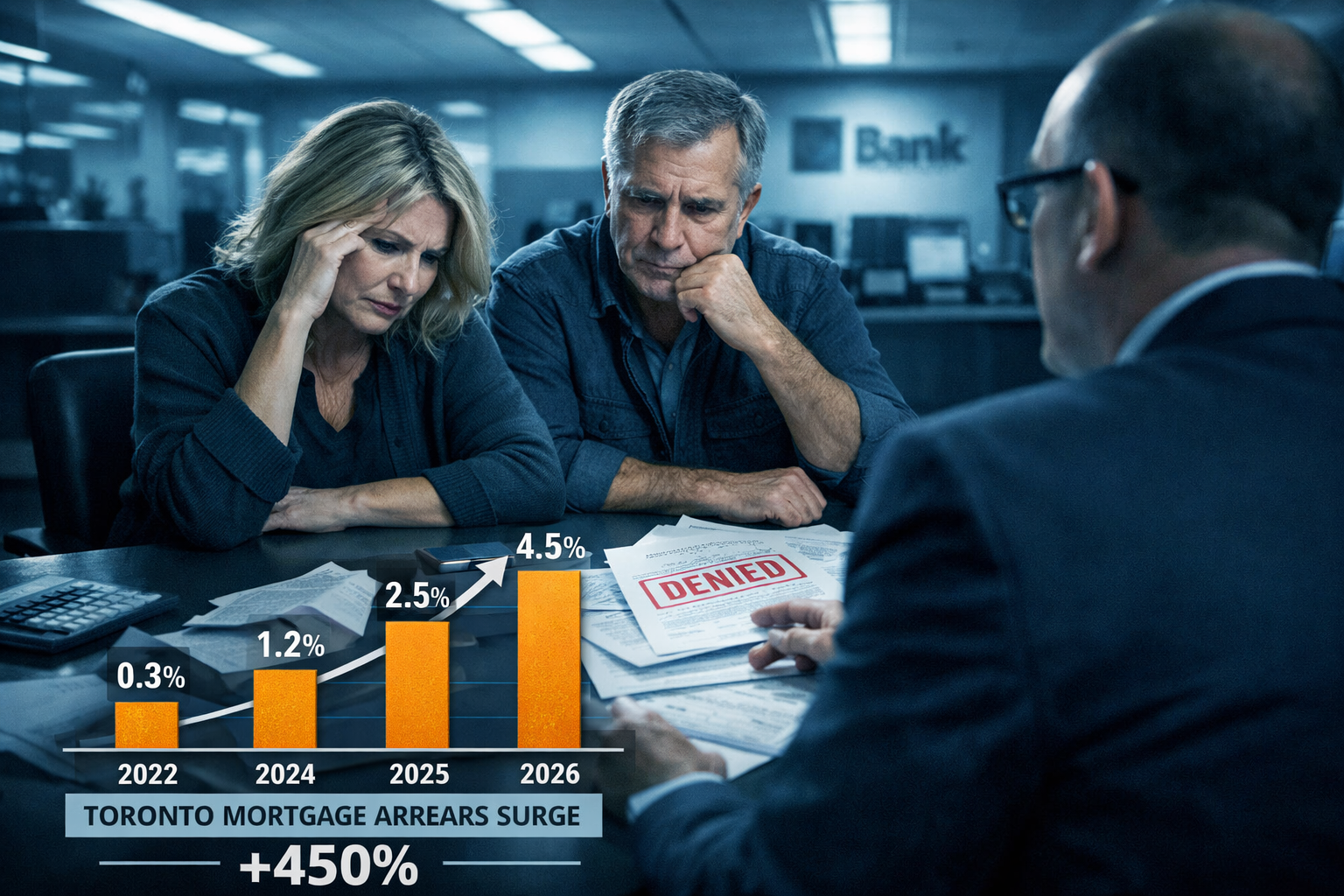Wide-angle interior shot of a Toronto bank branch with a stressed middle-aged homeowner couple sitting across from a bank
