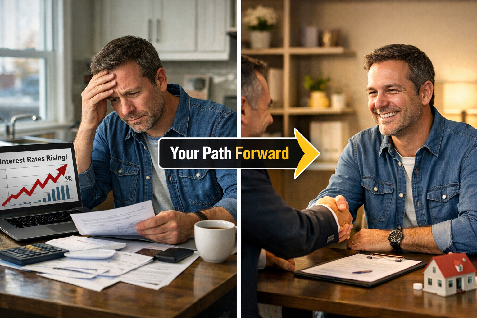 Split-scene landscape image: left half shows a worried Toronto homeowner reviewing mortgage renewal paperwork at a kitchen