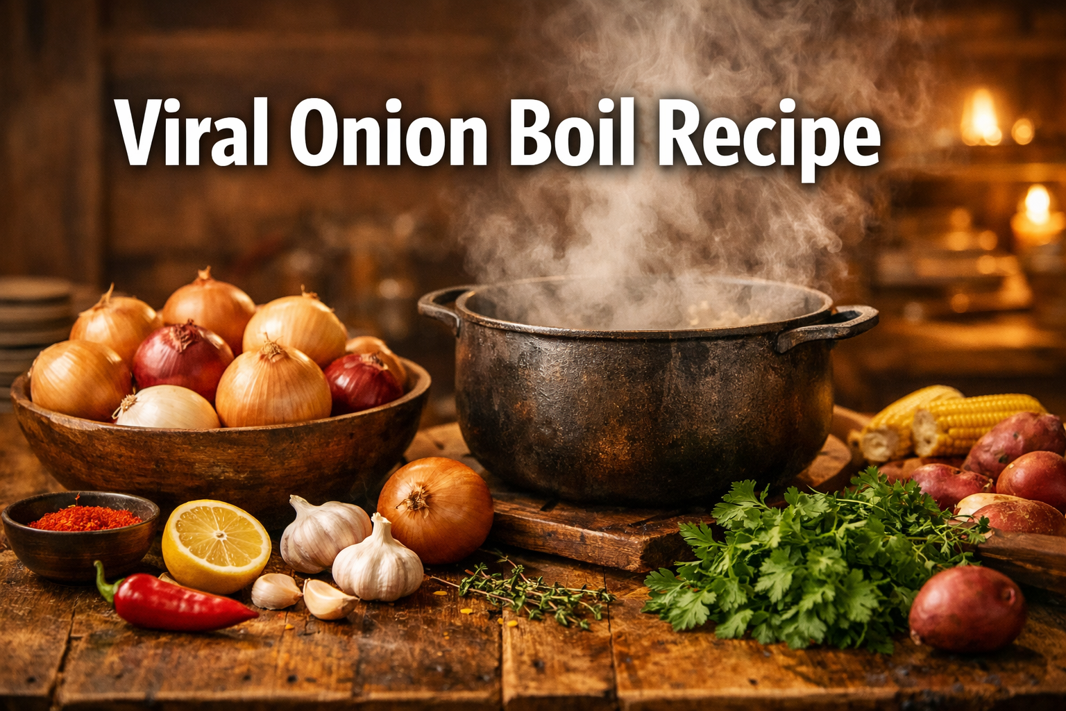Professional landscape hero image (1536x1024) with bold text overlay 'Viral Onion Boil Recipe' in extra large 72pt white sans-serif font wit