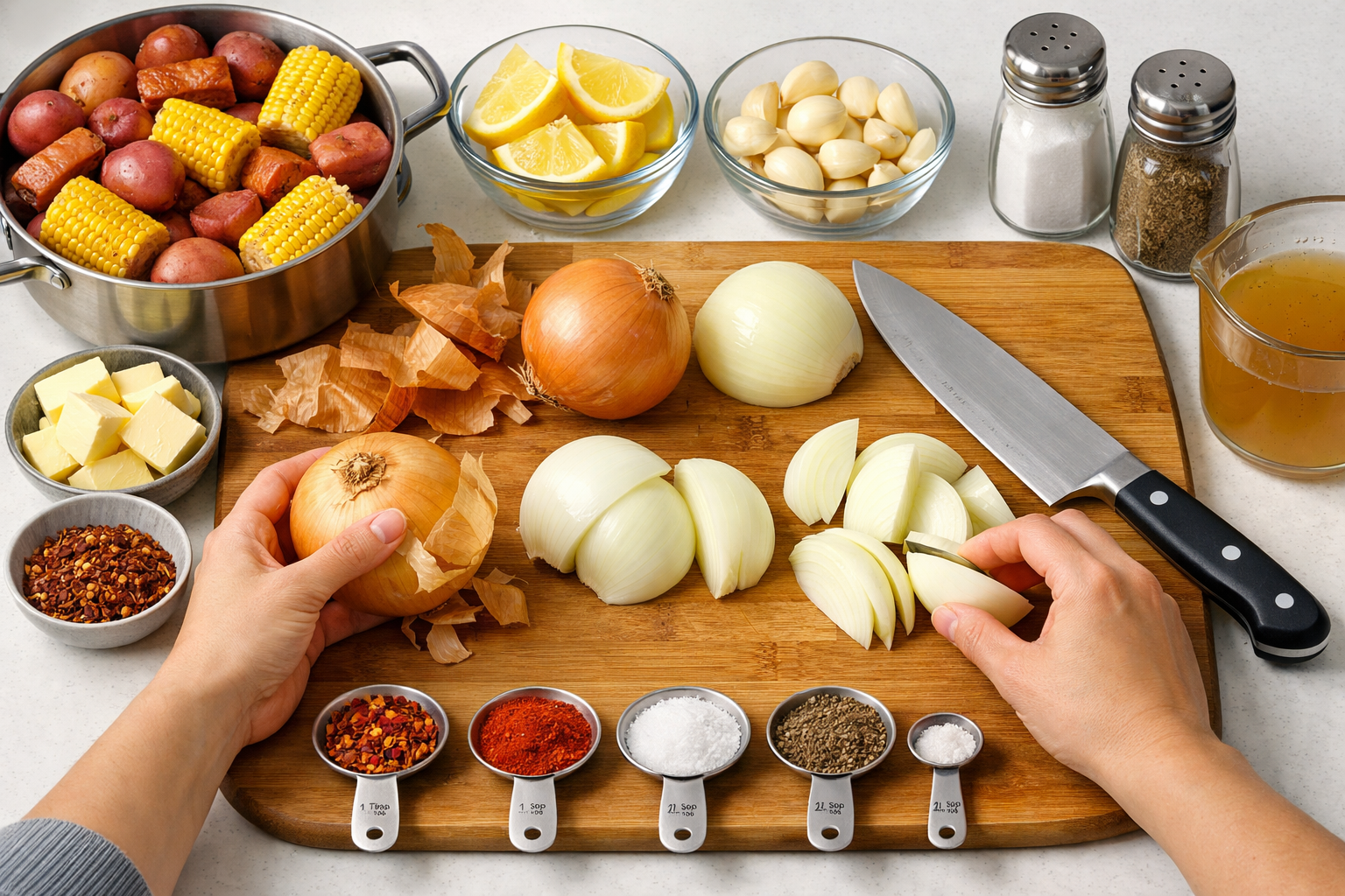 Detailed landscape image (1536x1024) showing step-by-step preparation of viral onion boil recipe with hands peeling and cutting large yellow
