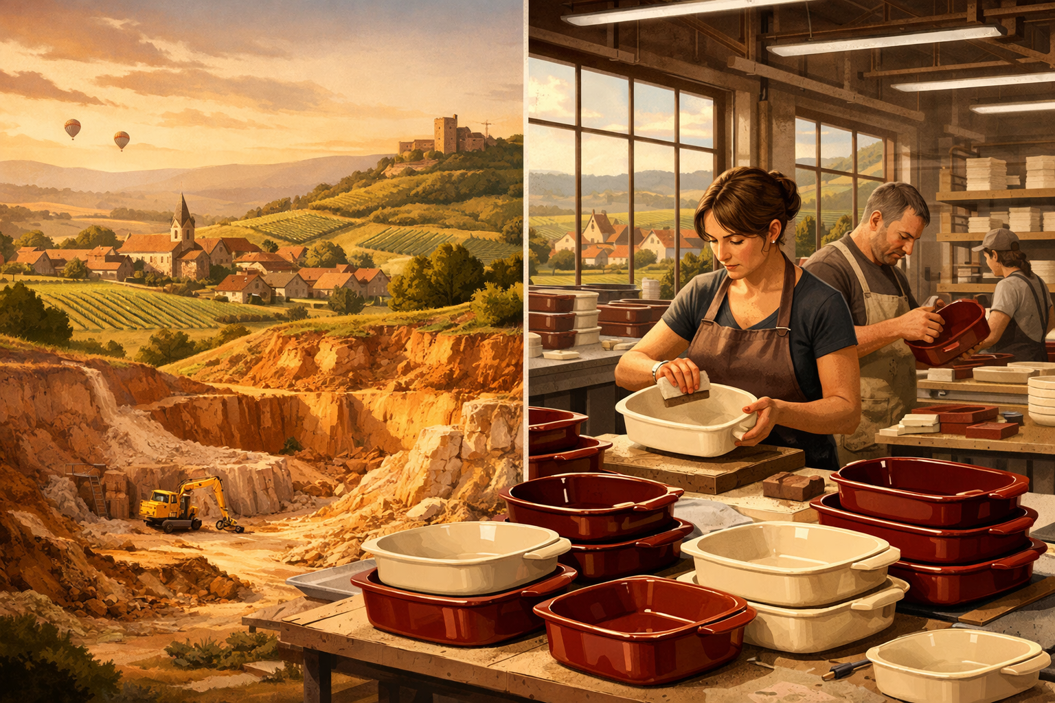 Digital illustration, graphic design style, Detailed landscape format (1536x1024) editorial image showing a cross-section split scene: left side features the rolling hills and clay quarries of Burgundy, France with warm golden light, right side shows a modern ceramic manufacturing facility with artisans hand-finishing glazed Emile Henry baking dishes on a worktable, rich burgundy and cream ceramic pieces stacked neatly, French countryside visible through factory windows, warm earthy tones, documentary photography style, no text overlay, authentic craftsmanship atmosphere.