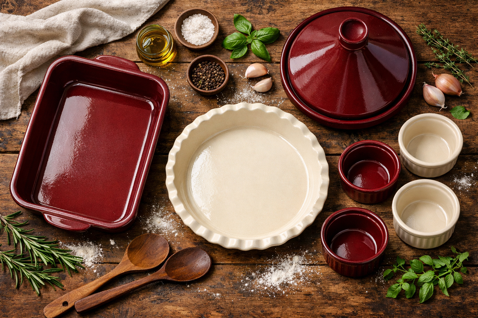 Digital illustration, graphic design style, Detailed landscape format (1536x1024) overhead flat-lay editorial image showing an array of Emile Henry ceramic bakeware pieces arranged on a weathered French farmhouse oak table: a rectangular lasagna dish, a round pie dish, a tagine, and individual ramekins in signature burgundy and cream glazes, surrounded by fresh herbs, a linen towel, wooden spoons, and scattered flour, soft natural window light from the left, warm and inviting food photography aesthetic, rich color contrast, no text overlay, professional culinary magazine style.