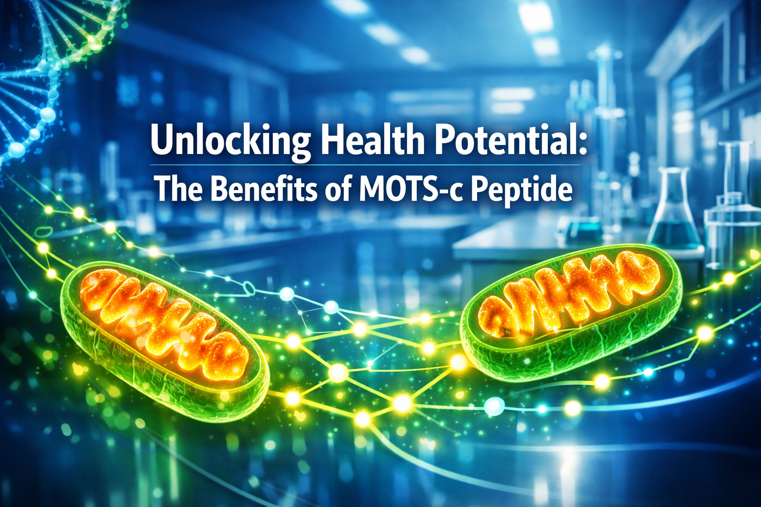 Professional landscape hero image (1536x1024) featuring bold text overlay: 'Unlocking Health Potential: The Benefits of MOTS-c Peptide', in 