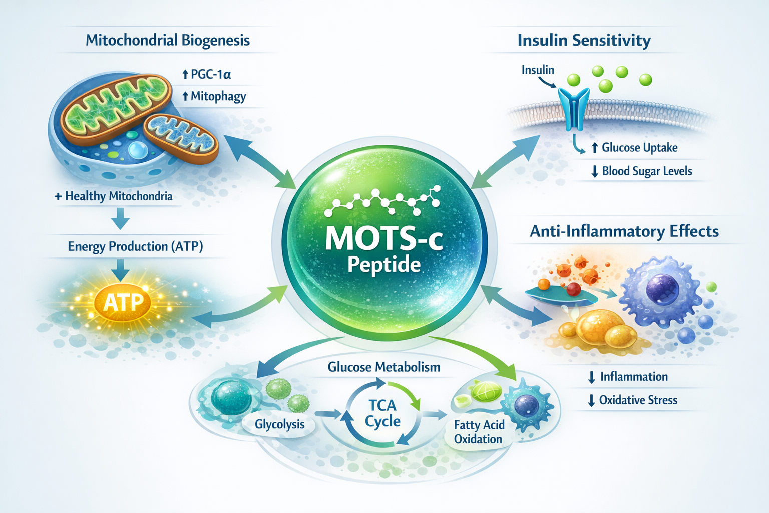 A detailed infographic illustrating the various cellular pathways and biological processes influenced by mots-c peptide, specifically highli