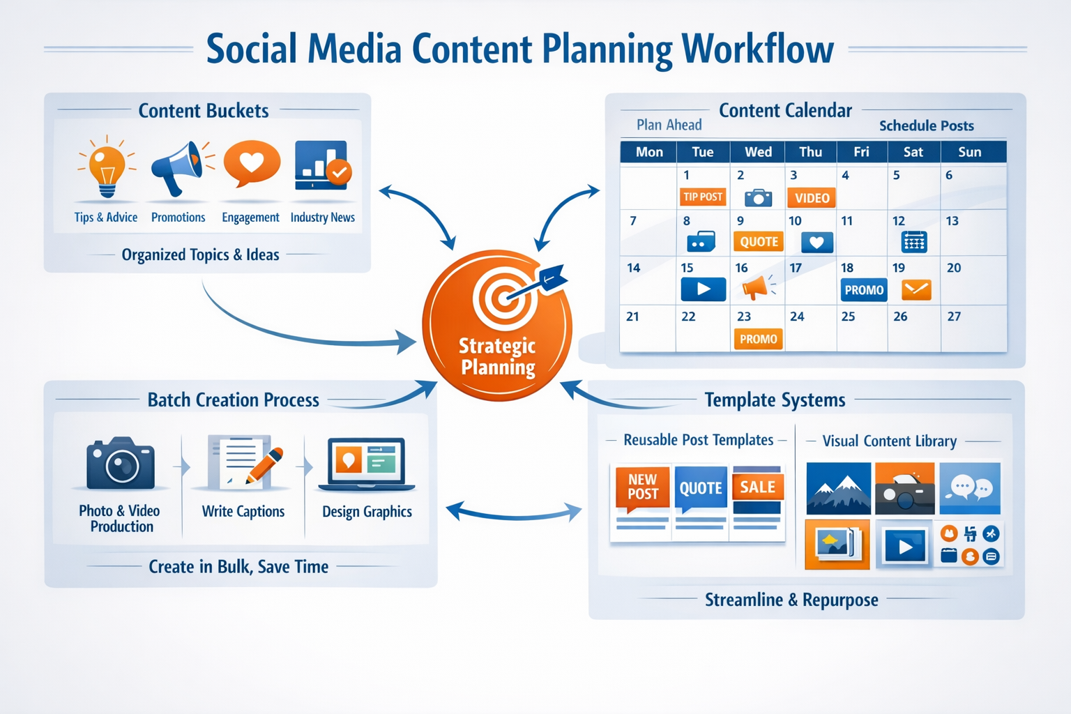 Landscape format (1536x1024) infographic displaying social media content planning workflow with visual calendar, content categories, batch c - Social Media Zeit sparen 3 Landscape format (1536x1024) infographic displaying social media content planning workflow with visual calendar, content categories, batch c