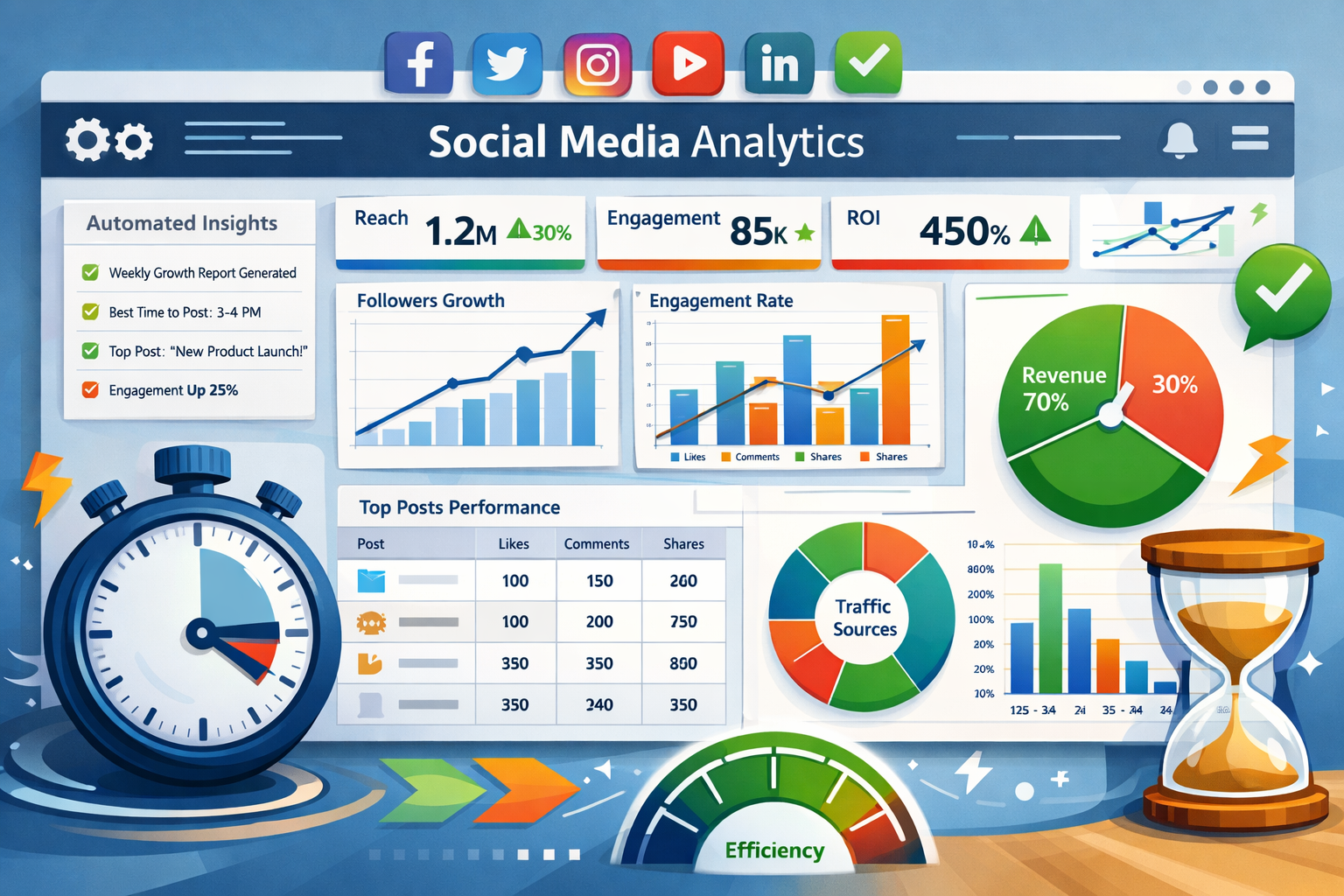 Landscape format (1536x1024) illustration of social media analytics dashboard showing automated reporting, performance metrics, engagement t - Social Media Zeit sparen 4 Landscape format (1536x1024) illustration of social media analytics dashboard showing automated reporting, performance metrics, engagement t