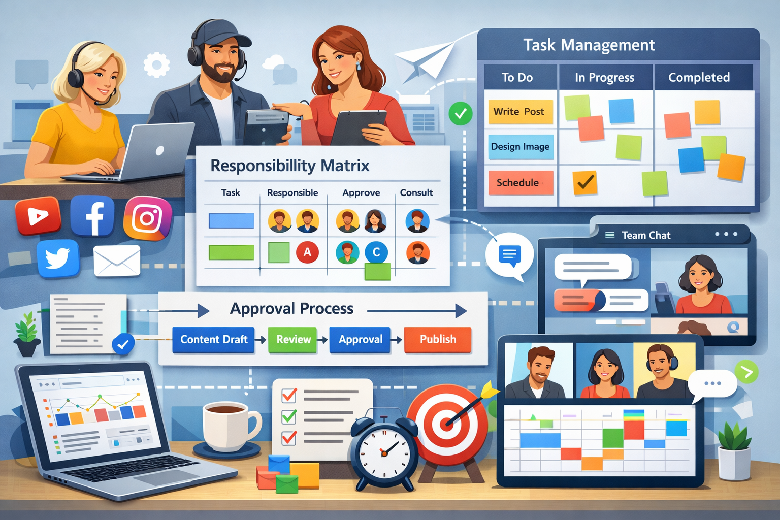 Landscape format (1536x1024) conceptual image showing social media team collaboration with delegation workflows, task management systems, an - Social Media Zeit sparen 5 Landscape format (1536x1024) conceptual image showing social media team collaboration with delegation workflows, task management systems, an